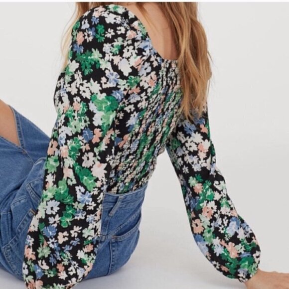 fitted crepe blouse shirt bohemian style floral long sleeves - Picture 3 of 6